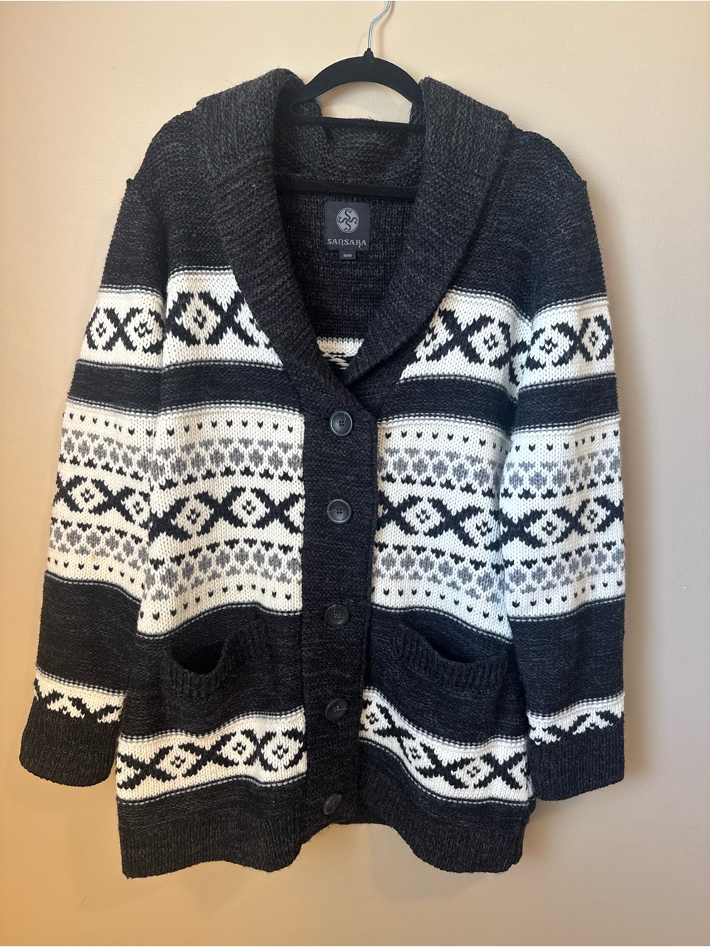 SANSARA Women's Nordic Fair Isle Wool Blend Cardigan Sweater MEDIUM